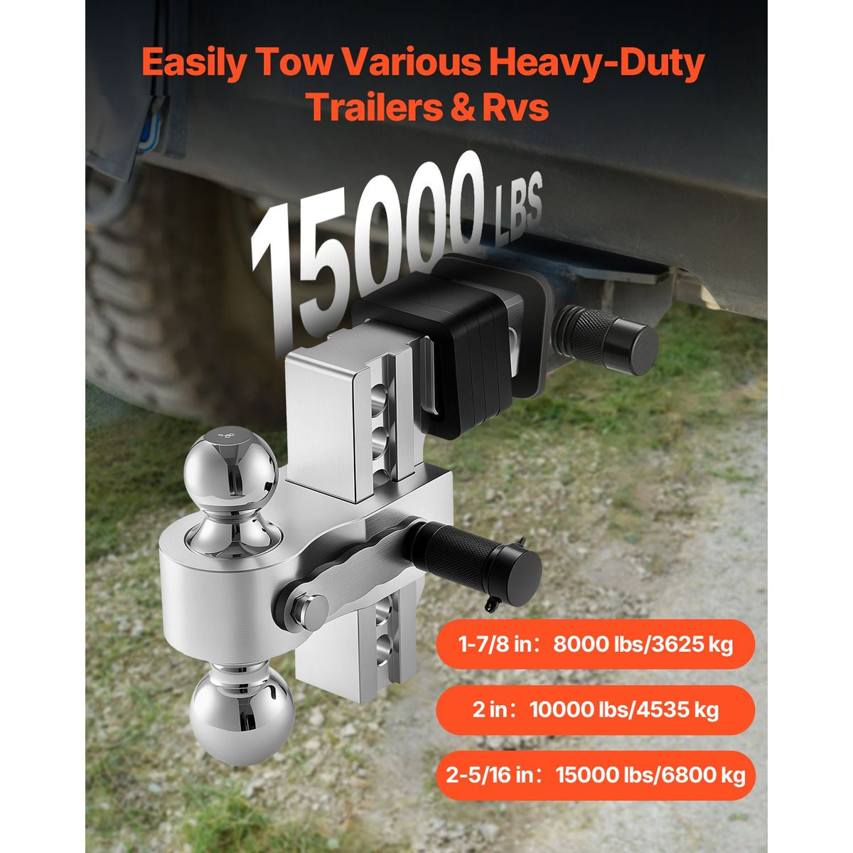 Adjustable Trailer Hitch, 6-Inch Drop Hitch, Tri-Ball Mount for 2-Inch Hitch Receiver, Trailer Ball Size 1-7/8", 2" and 2-5/16", Max 15000 lbs Ball Hitch, Towing Hitch for RVs, ATVs, and Trucks