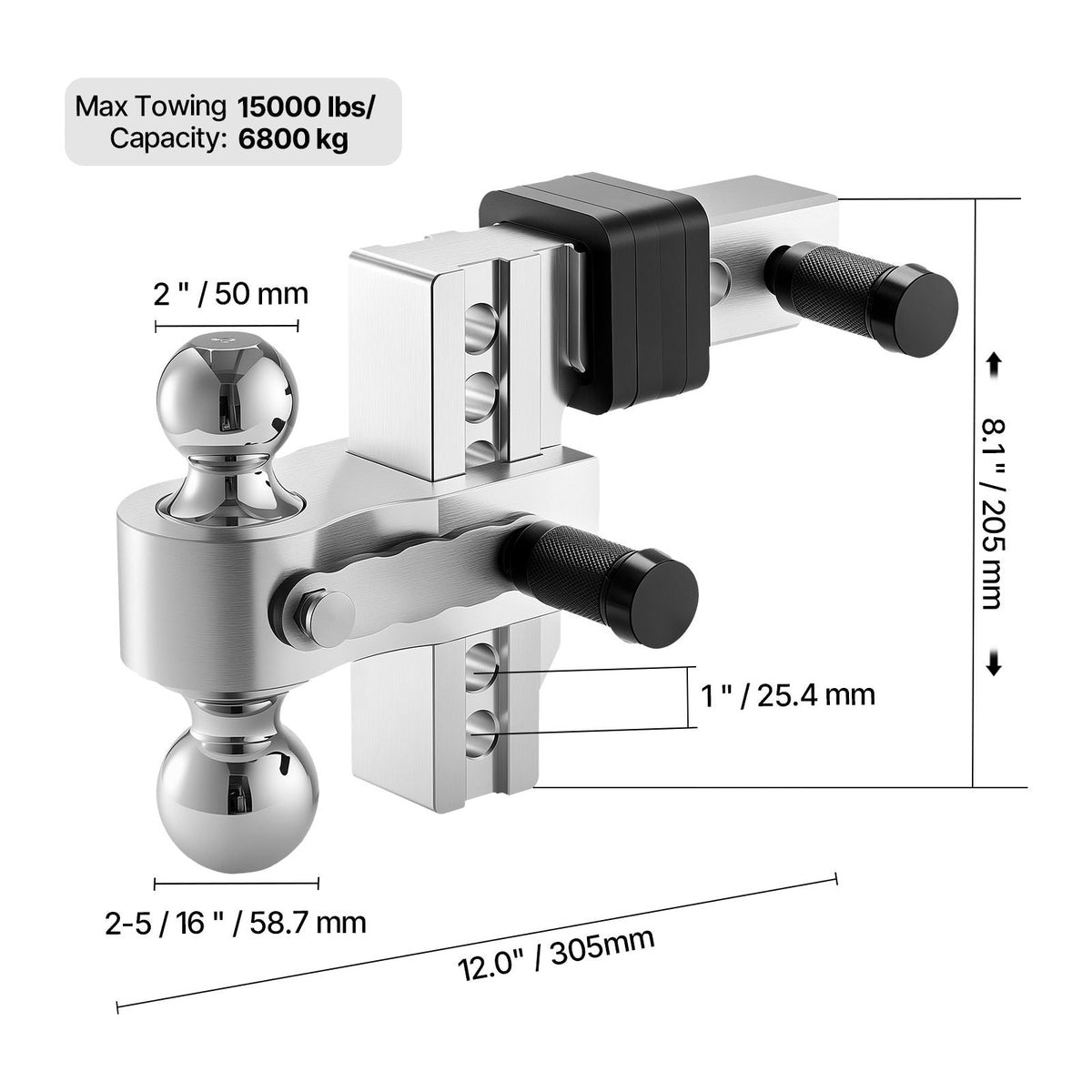 Adjustable Trailer Hitch, 6-Inch Drop Hitch, Tri-Ball Mount for 2-Inch Hitch Receiver, Trailer Ball Size 1-7/8", 2" and 2-5/16", Max 15000 lbs Ball Hitch, Towing Hitch for RVs, ATVs, and Trucks