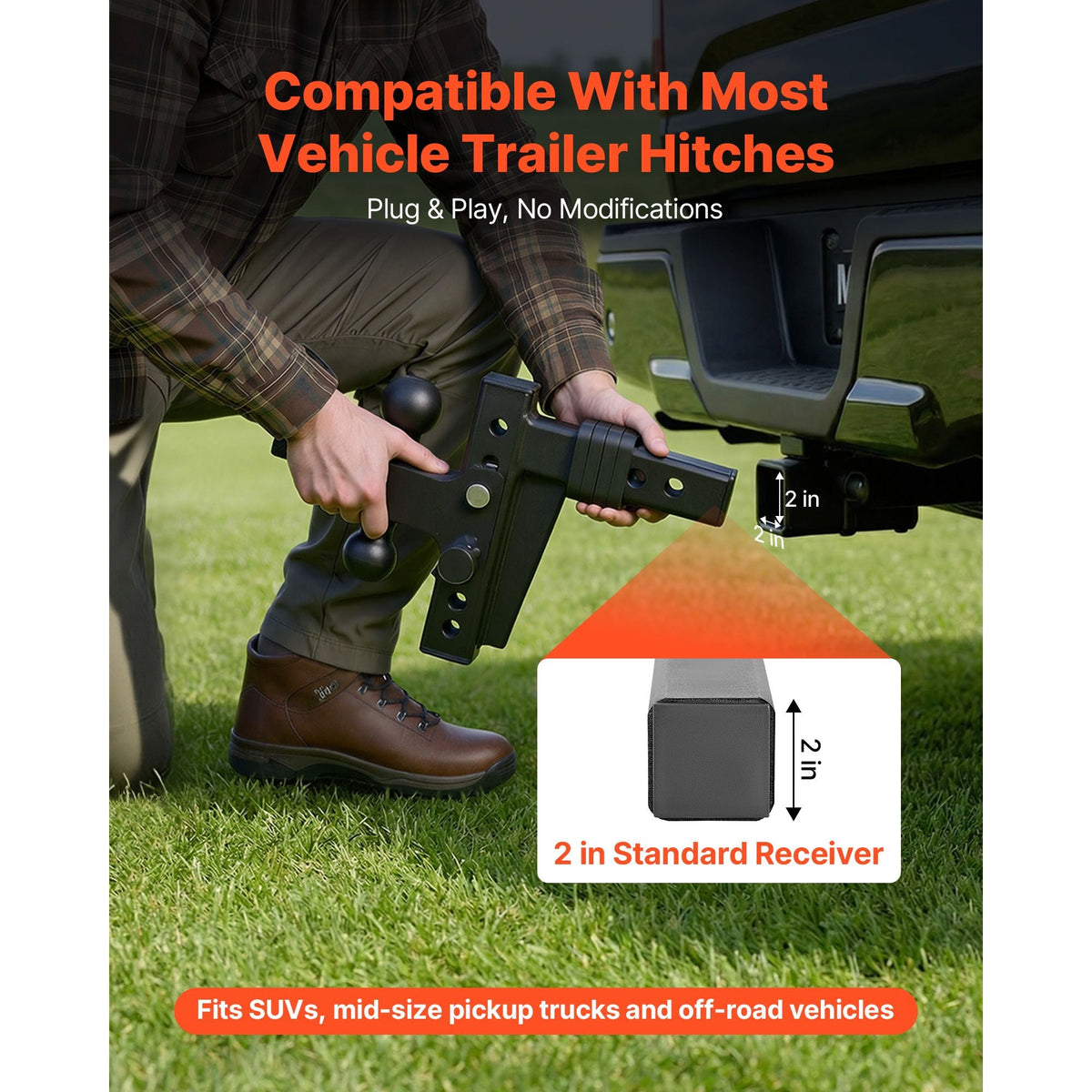 Adjustable Trailer Hitch, Fit 2 Inch Receiver, Trailer Hitch Mount with 2 Inch & 2-5/16 Inch Balls, 15000 lbs GTW, 6 Inch Drop, Towing Ball Mounts for RVs, Off-Road Vehicles and Trucks, Black