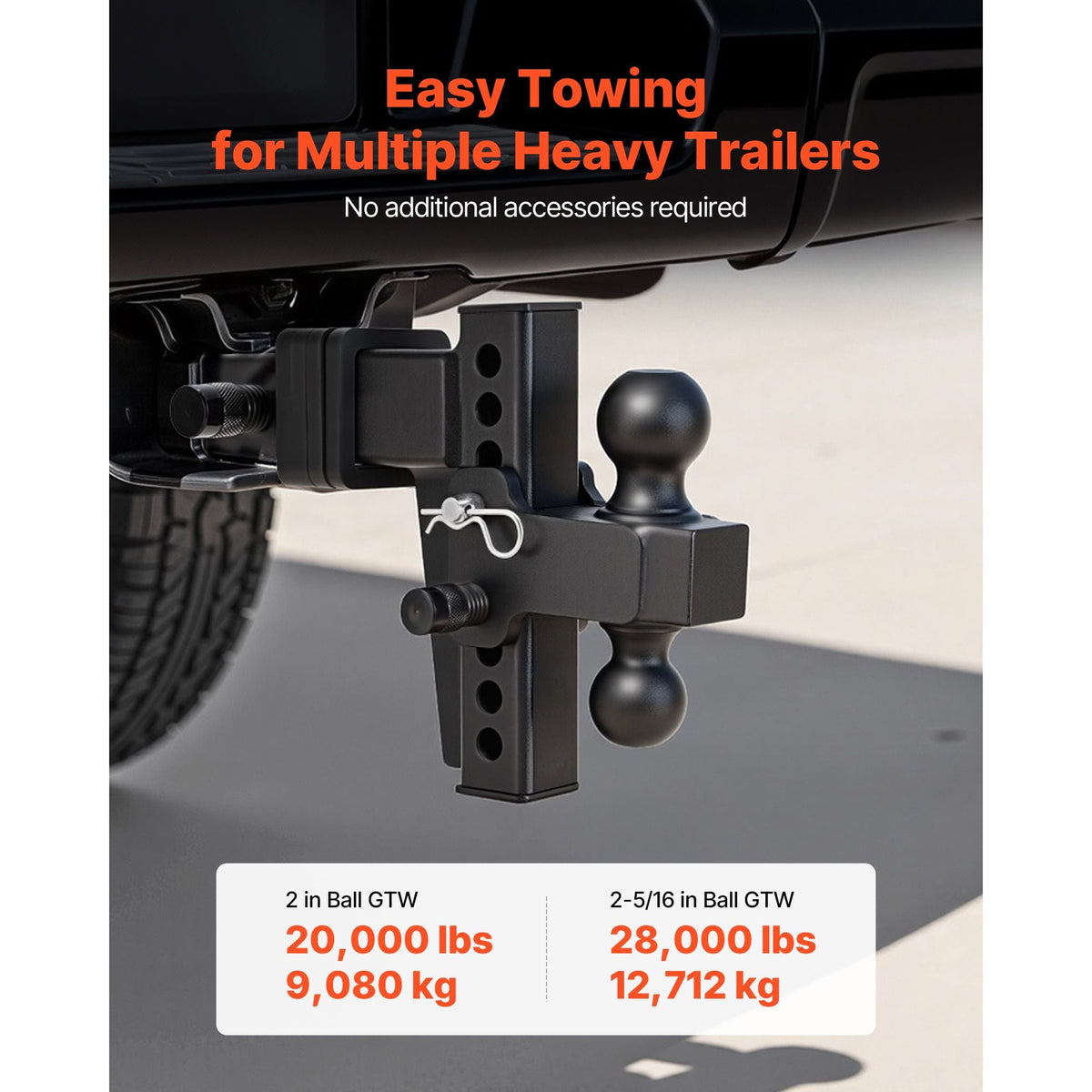 Adjustable Trailer Hitch, Fit 2.5 Inch Receiver, Trailer Hitch Mount with 2 Inch & 2-5/16 Inch Balls, 28000 lbs GTW, 6 Inch Drop, Towing Ball Mounts for RVs, Off-Road Vehicles and Trucks, Black