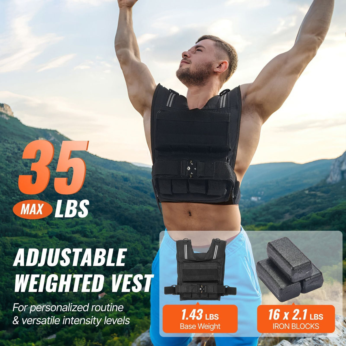 Adjustable Weighted Vest, 35lb Weight Vest with Iron Weights, Shoulder Pad, and Reflective Stripe, Body Weight Vest Exercise Set for Men Women, Workout Equipment for Strength Training Running