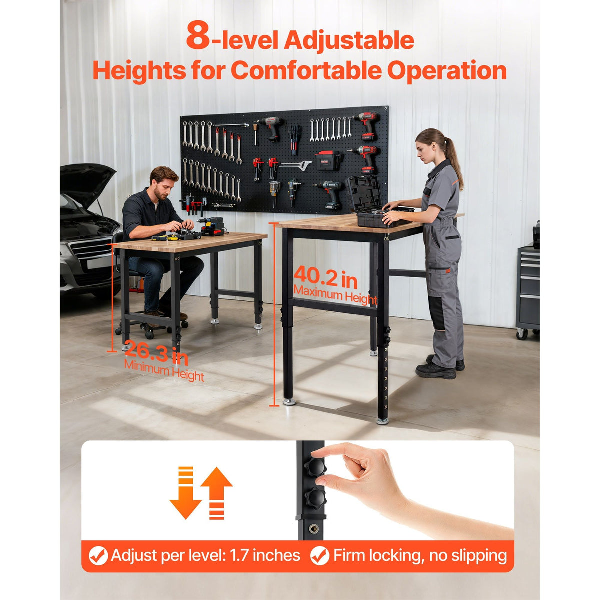 Adjustable Workbench, 1500 lbs Capacity, 48 x 24 Inch Oak Wood Top Workbench with 26.3-40.2 Inch Height Adjustment, Heavy-Duty Hardwood Worktable for Garage, Workshop, Home, Office, Commercial