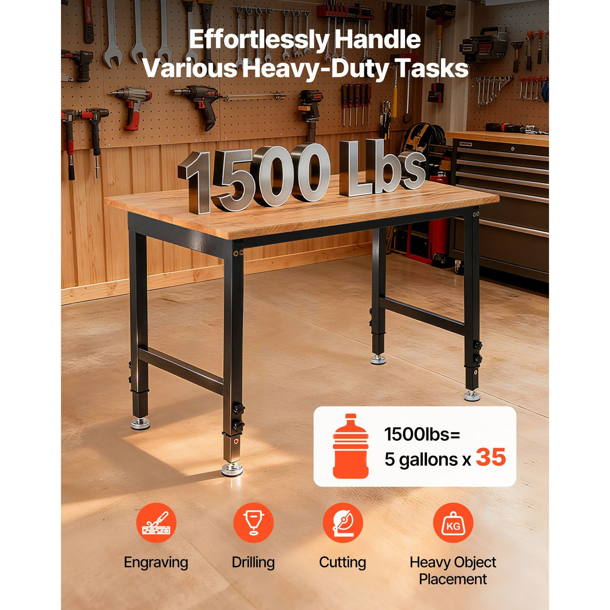 Adjustable Workbench, 1500 lbs Capacity, 48 x 24 Inch Oak Wood Top Workbench with 26.3-40.2 Inch Height Adjustment, Heavy-Duty Hardwood Worktable for Garage, Workshop, Home, Office, Commercial