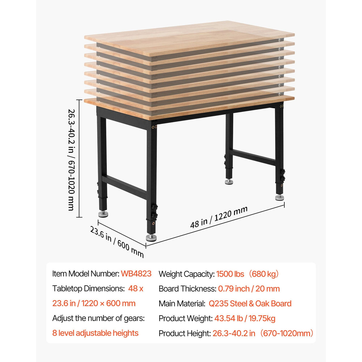 Adjustable Workbench, 1500 lbs Capacity, 48 x 24 Inch Oak Wood Top Workbench with 26.3-40.2 Inch Height Adjustment, Heavy-Duty Hardwood Worktable for Garage, Workshop, Home, Office, Commercial