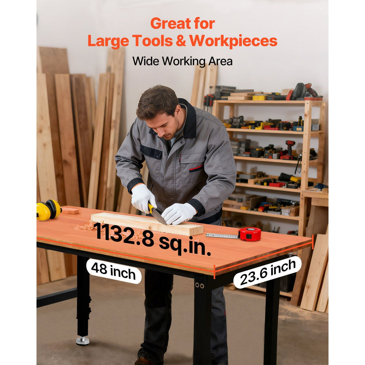 Adjustable Workbench, 1500 lbs Capacity, 48 x 24 Inch Oak Wood Top Workbench with 26.3-40.2 Inch Height Adjustment, Heavy-Duty Hardwood Worktable for Garage, Workshop, Home, Office, Commercial