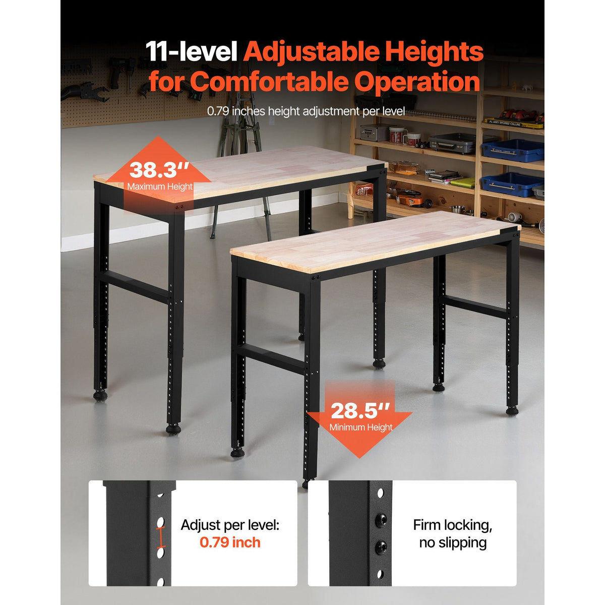 Adjustable Workbench, 2000 lbs Capacity, 48 x 20-inch Heavy Duty Work Bench with 28.5-38.3 Inches Height Adjustment, Garage Workbench with Power Outlets, Suitable for Office, Garage, Workshop