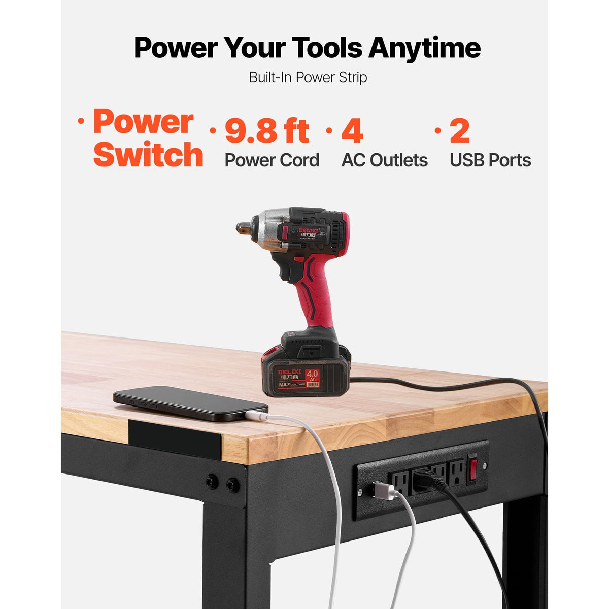 Adjustable Workbench, 2000 lbs Capacity, 48 x 20-inch Heavy Duty Work Bench with 28.5-38.3 Inches Height Adjustment, Garage Workbench with Power Outlets, Suitable for Office, Garage, Workshop