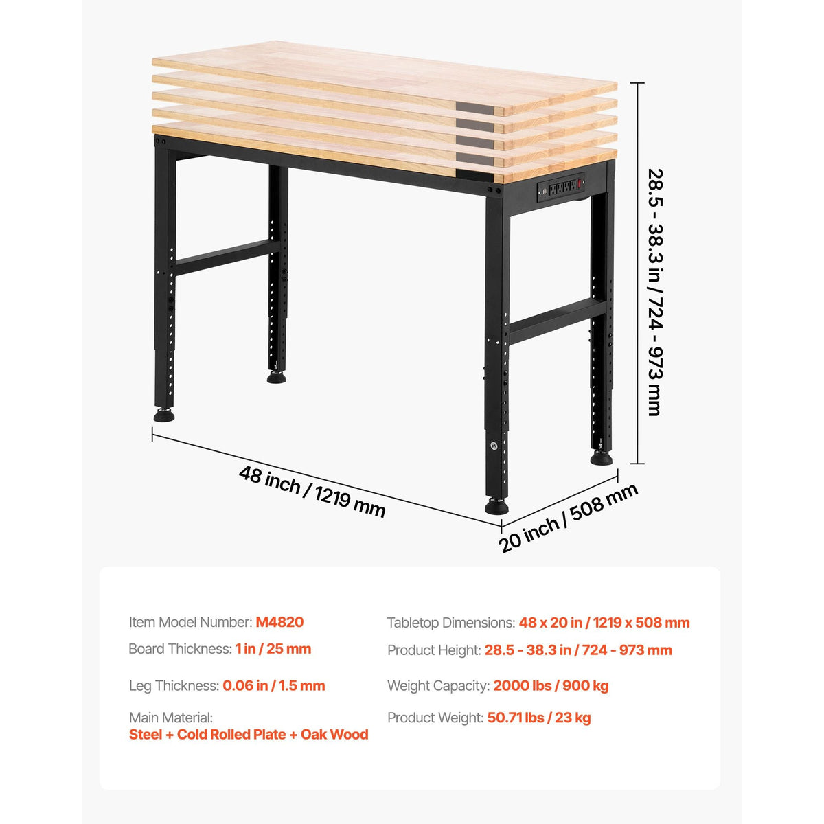 Adjustable Workbench, 2000 lbs Capacity, 48 x 20-inch Heavy Duty Work Bench with 28.5-38.3 Inches Height Adjustment, Garage Workbench with Power Outlets, Suitable for Office, Garage, Workshop