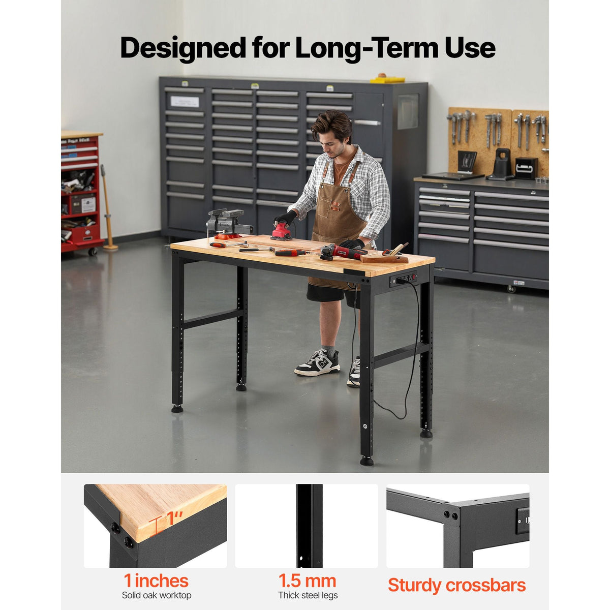 Adjustable Workbench, 2000 lbs Capacity, 48 x 20-inch Heavy Duty Work Bench with 28.5-38.3 Inches Height Adjustment, Garage Workbench with Power Outlets, Suitable for Office, Garage, Workshop