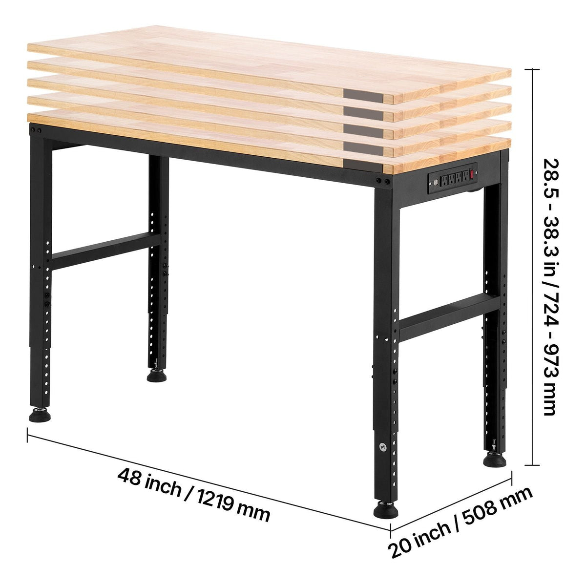 Adjustable Workbench, 2000 lbs Capacity, 48 x 20-inch Heavy Duty Work Bench with 28.5-38.3 Inches Height Adjustment, Garage Workbench with Power Outlets, Suitable for Office, Garage, Workshop