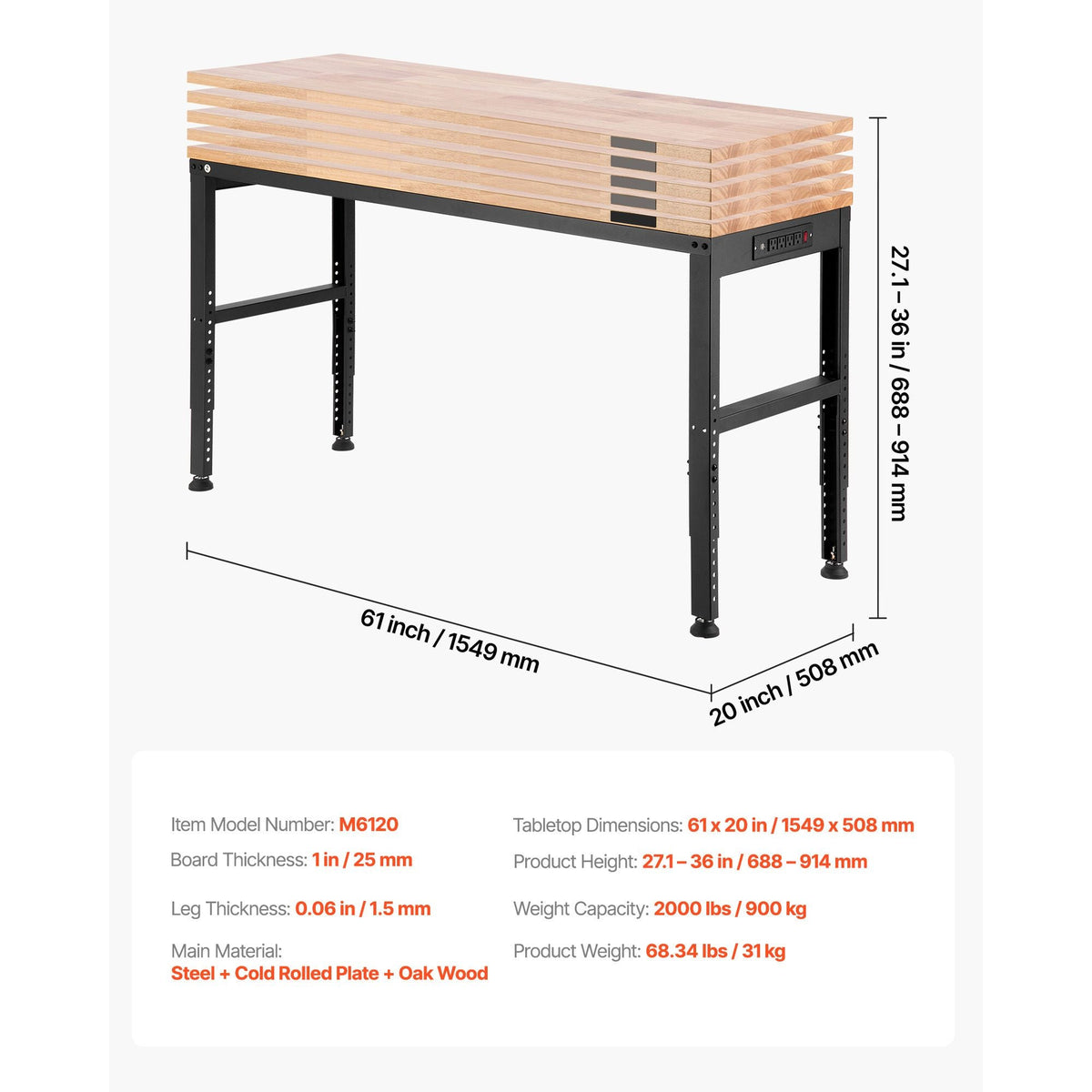 Adjustable Workbench, 2000 lbs Capacity, 61 x 20-inch Heavy Duty Work Bench with 27.1-36 Inches Height Adjustment, Garage Workbench with Power Outlets, Suitable for Office, Garage, Workshop