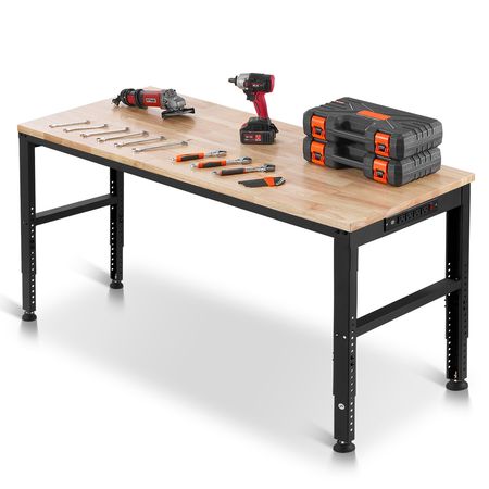 Adjustable Workbench, 2000 lbs Capacity, 61 x 20-inch Heavy Duty Work Bench with 27.1-36 Inches Height Adjustment, Garage Workbench with Power Outlets, Suitable for Office, Garage, Workshop