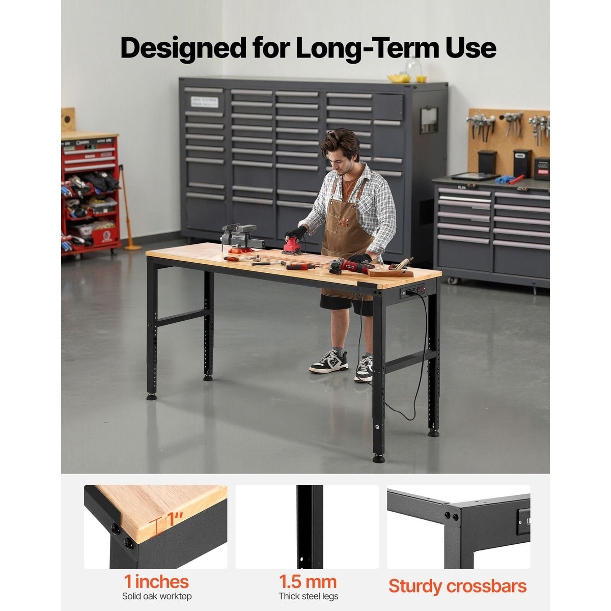 Adjustable Workbench, 2000 lbs Capacity, 61 x 20-inch Heavy Duty Work Bench with 27.1-36 Inches Height Adjustment, Garage Workbench with Power Outlets, Suitable for Office, Garage, Workshop