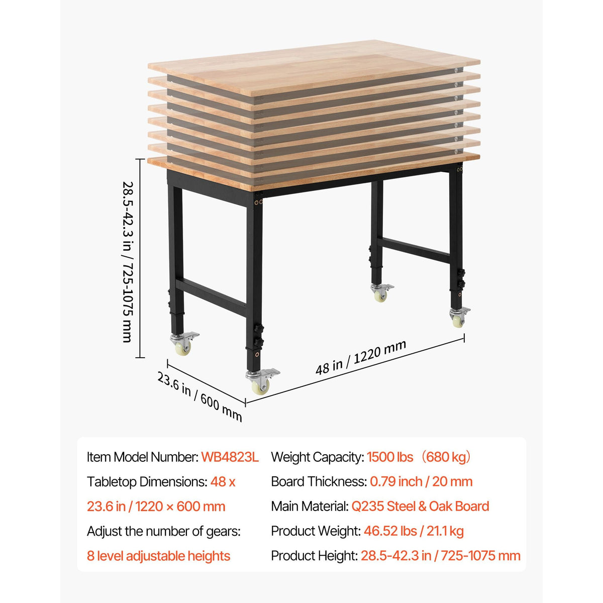 Adjustable Workbench on Wheels, 1500 lbs Capacity, 48 x 24 Inch Oak Wood Top Workbench with 28.5-42.3 Inch Height Adjustment, Heavy-Duty Hardwood Worktable for Garage, Workshop, Home, Office