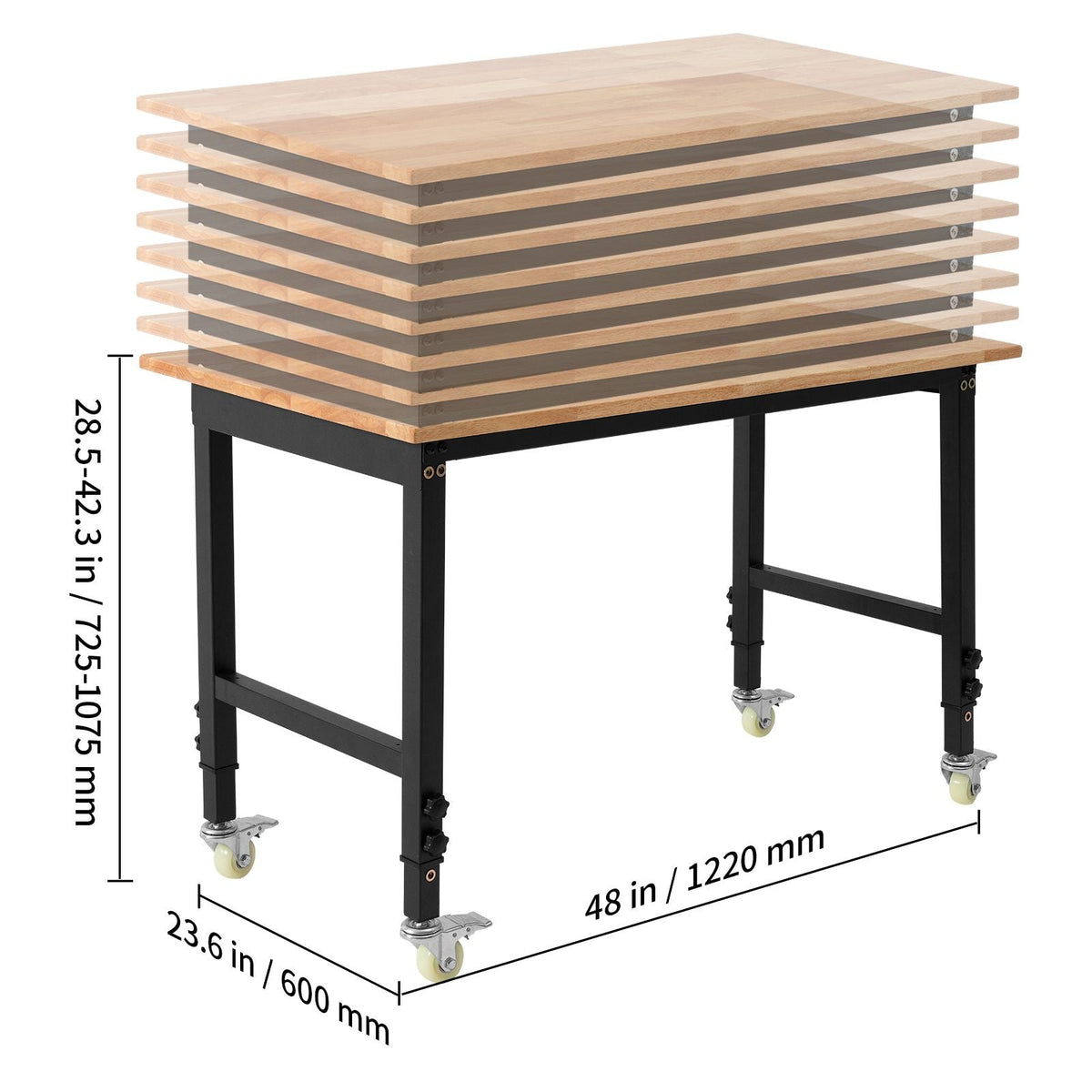 Adjustable Workbench on Wheels, 1500 lbs Capacity, 48 x 24 Inch Oak Wood Top Workbench with 28.5-42.3 Inch Height Adjustment, Heavy-Duty Hardwood Worktable for Garage, Workshop, Home, Office