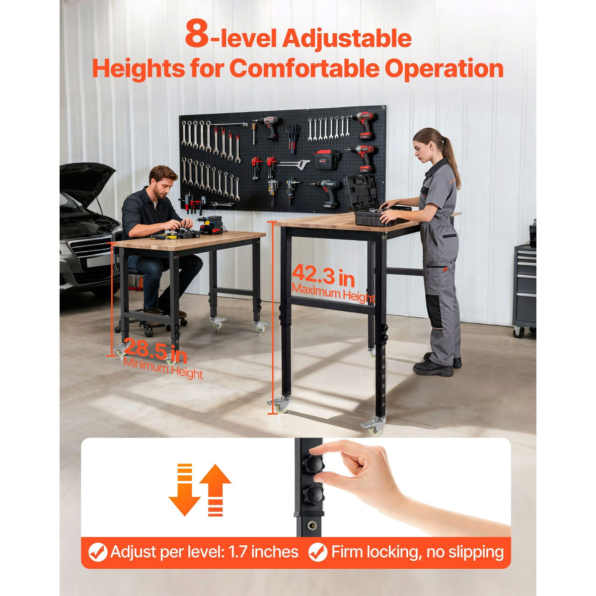 Adjustable Workbench on Wheels, 1500 lbs Capacity, 48 x 24 Inch Oak Wood Top Workbench with 28.5-42.3 Inch Height Adjustment, Heavy-Duty Hardwood Worktable for Garage, Workshop, Home, Office