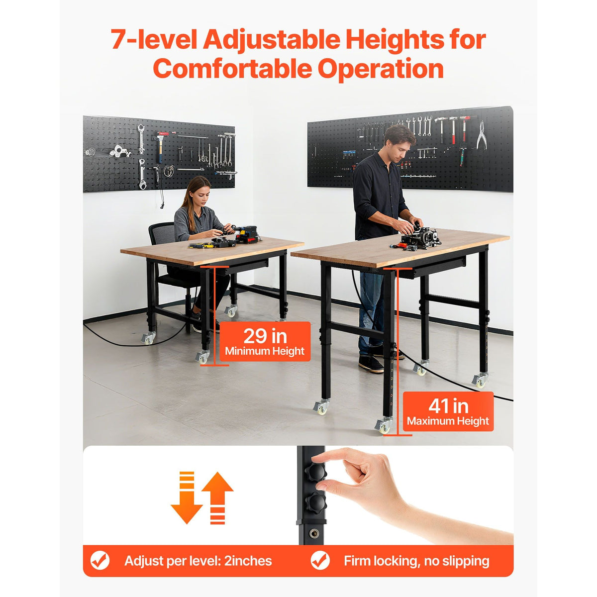 Adjustable Workbench on Wheels, 2000 lbs Capacity, 60 x 24 Inch Oak Wood Top Workbench with Drawer & Power Outlets, Heavy-Duty Hardwood Worktable for Garage, Workshop, Home, Office, Commercial