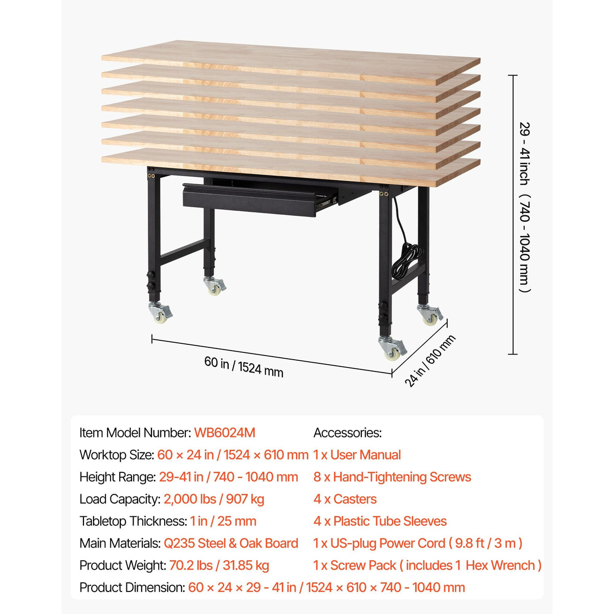Adjustable Workbench on Wheels, 2000 lbs Capacity, 60 x 24 Inch Oak Wood Top Workbench with Drawer & Power Outlets, Heavy-Duty Hardwood Worktable for Garage, Workshop, Home, Office, Commercial