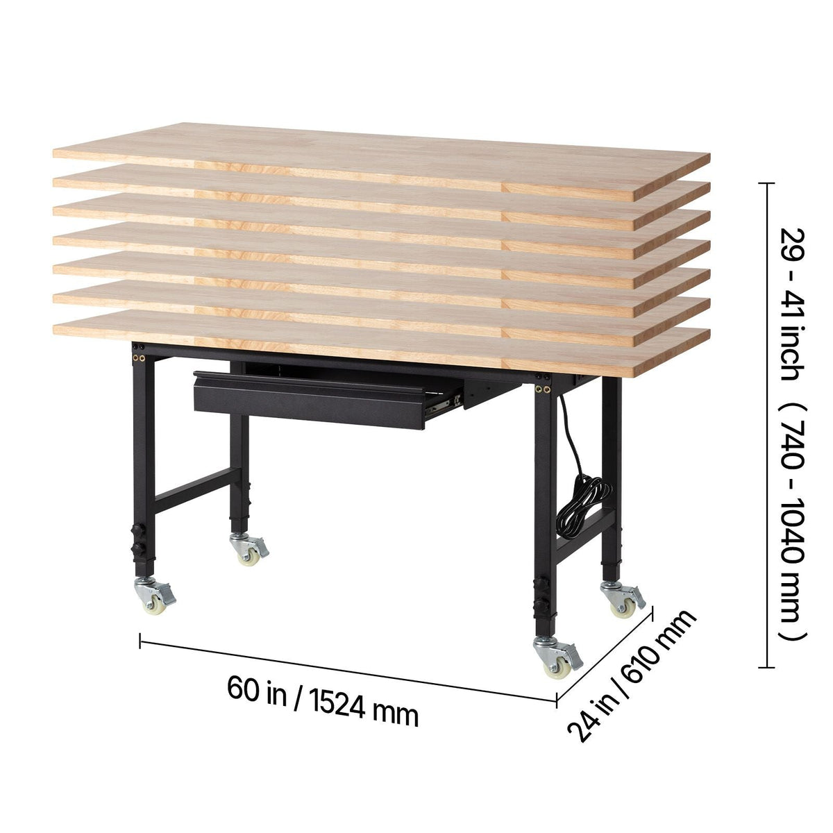 Adjustable Workbench on Wheels, 2000 lbs Capacity, 60 x 24 Inch Oak Wood Top Workbench with Drawer & Power Outlets, Heavy-Duty Hardwood Worktable for Garage, Workshop, Home, Office, Commercial