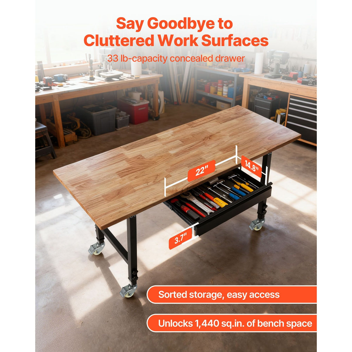 Adjustable Workbench on Wheels, 2000 lbs Capacity, 60 x 24 Inch Oak Wood Top Workbench with Drawer & Power Outlets, Heavy-Duty Hardwood Worktable for Garage, Workshop, Home, Office, Commercial