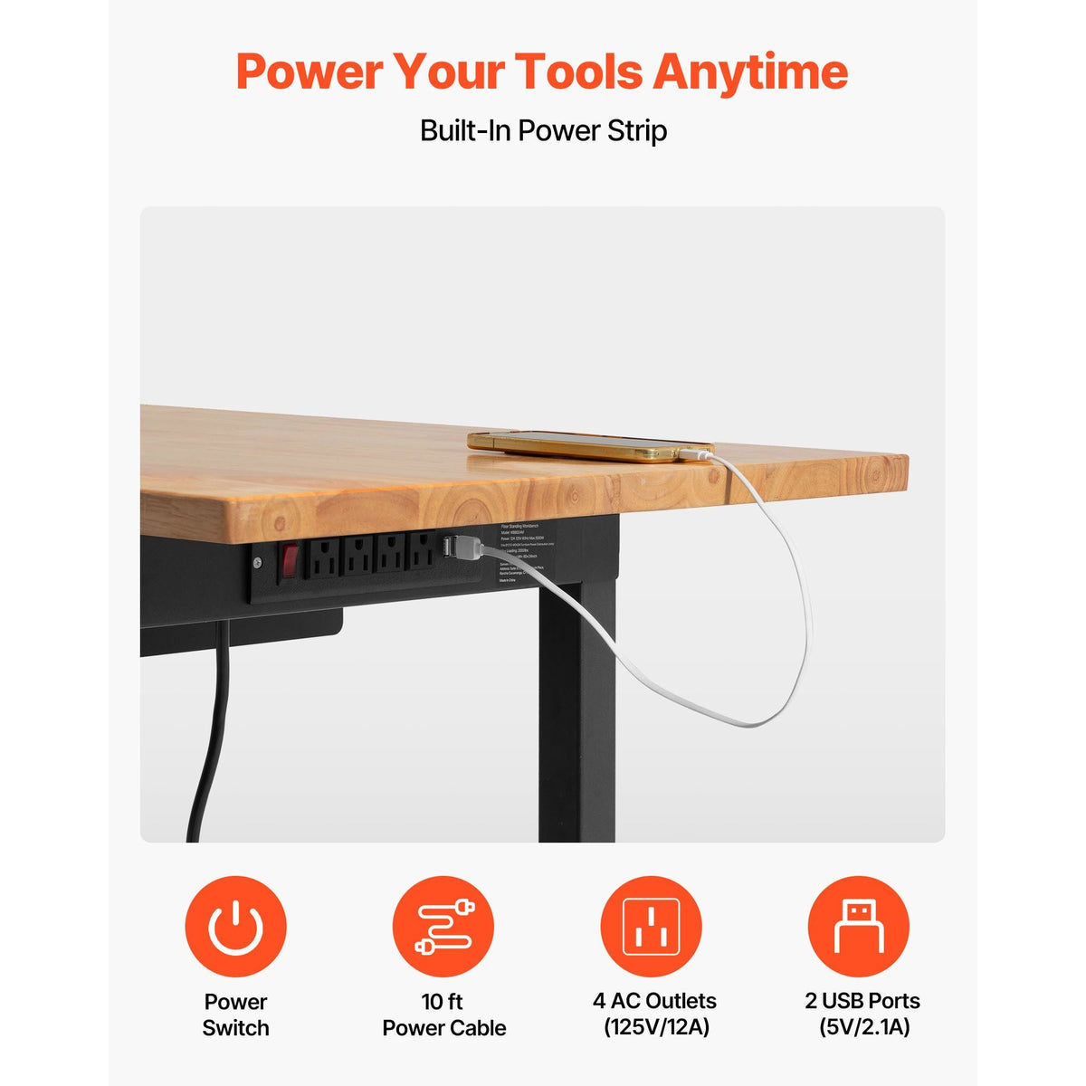 Adjustable Workbench on Wheels, 2000 lbs Capacity, 60 x 24 Inch Oak Wood Top Workbench with Drawer & Power Outlets, Heavy-Duty Hardwood Worktable for Garage, Workshop, Home, Office, Commercial