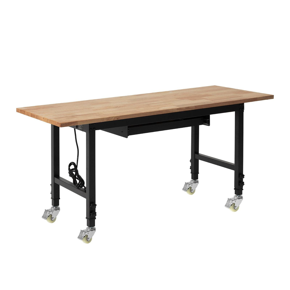 Adjustable Workbench on Wheels, 2000 lbs Capacity, 60 x 24 Inch Oak Wood Top Workbench with Drawer & Power Outlets, Heavy-Duty Hardwood Worktable for Garage, Workshop, Home, Office, Commercial