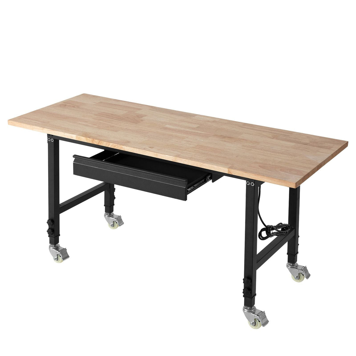 Adjustable Workbench on Wheels, 2000 lbs Capacity, 60 x 24 Inch Oak Wood Top Workbench with Drawer & Power Outlets, Heavy-Duty Hardwood Worktable for Garage, Workshop, Home, Office, Commercial