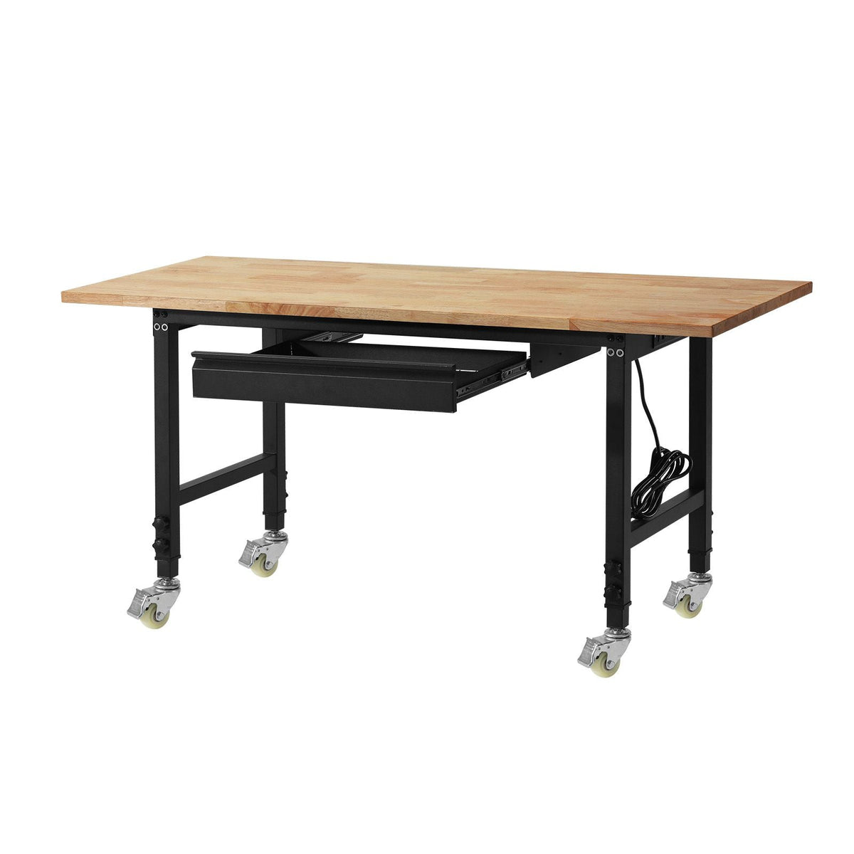 Adjustable Workbench on Wheels, 2000 lbs Capacity, 60 x 24 Inch Oak Wood Top Workbench with Drawer & Power Outlets, Heavy-Duty Hardwood Worktable for Garage, Workshop, Home, Office, Commercial