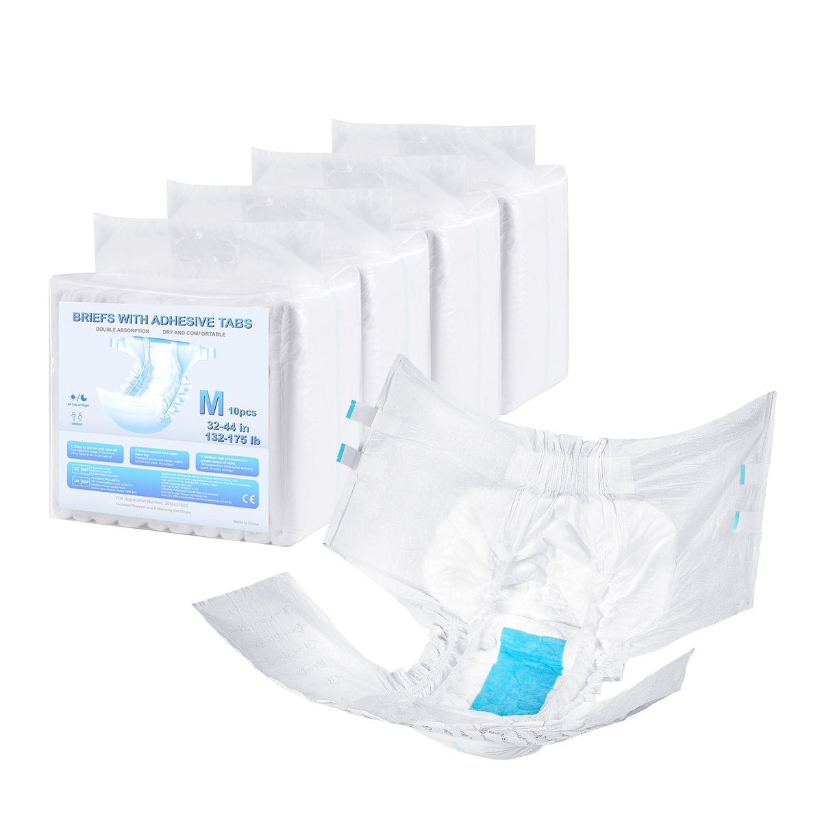 Adult Briefs with Tabs, Super Absorbent Incontinence Briefs for Men and Women, Disposable Adult Diapers with Leakproof 3D Surround Guard & Wetness Indicator - M Size, 40 Count (4 Packs of 10)