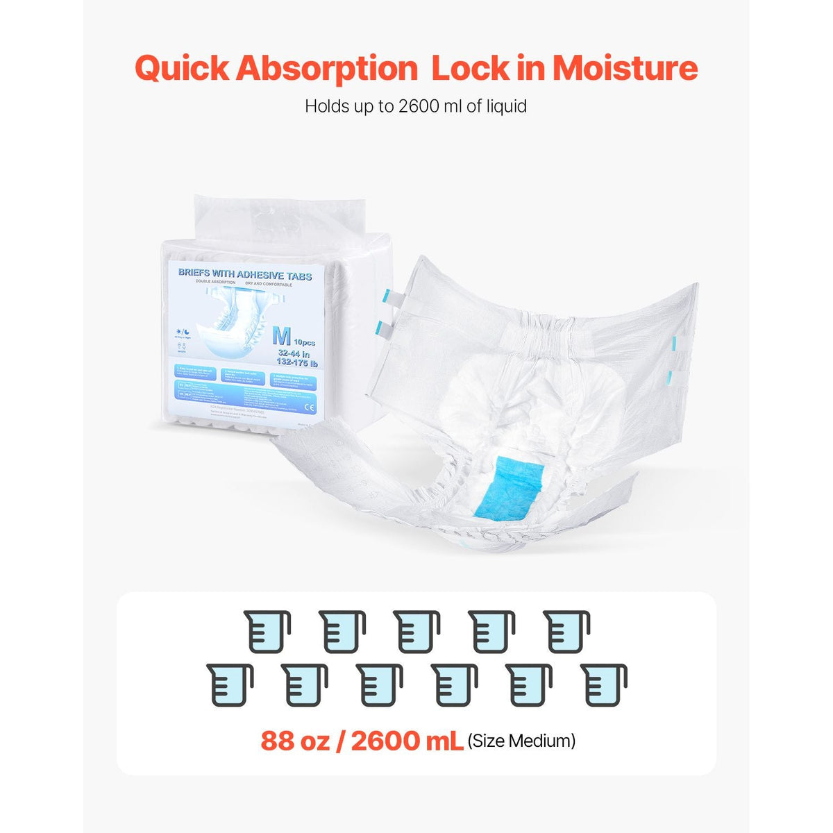 Adult Briefs with Tabs, Super Absorbent Incontinence Briefs for Men and Women, Disposable Adult Diapers with Leakproof 3D Surround Guard & Wetness Indicator - M Size, 40 Count (4 Packs of 10)