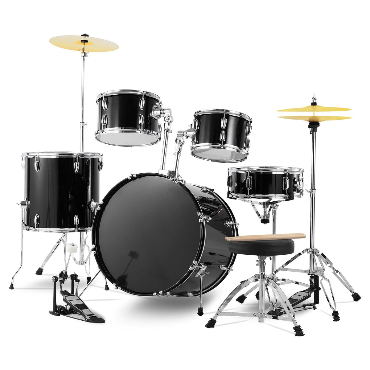 Adult Drum Set, 5-Piece, 22 inches Complete Full Size Drum Kit with Bass Toms Snare Floor Drum Adjustable Throne Stands Cymbal Hi-Hat Pedal and Drumsticks, Beginner Drum Kit for Adults, Black