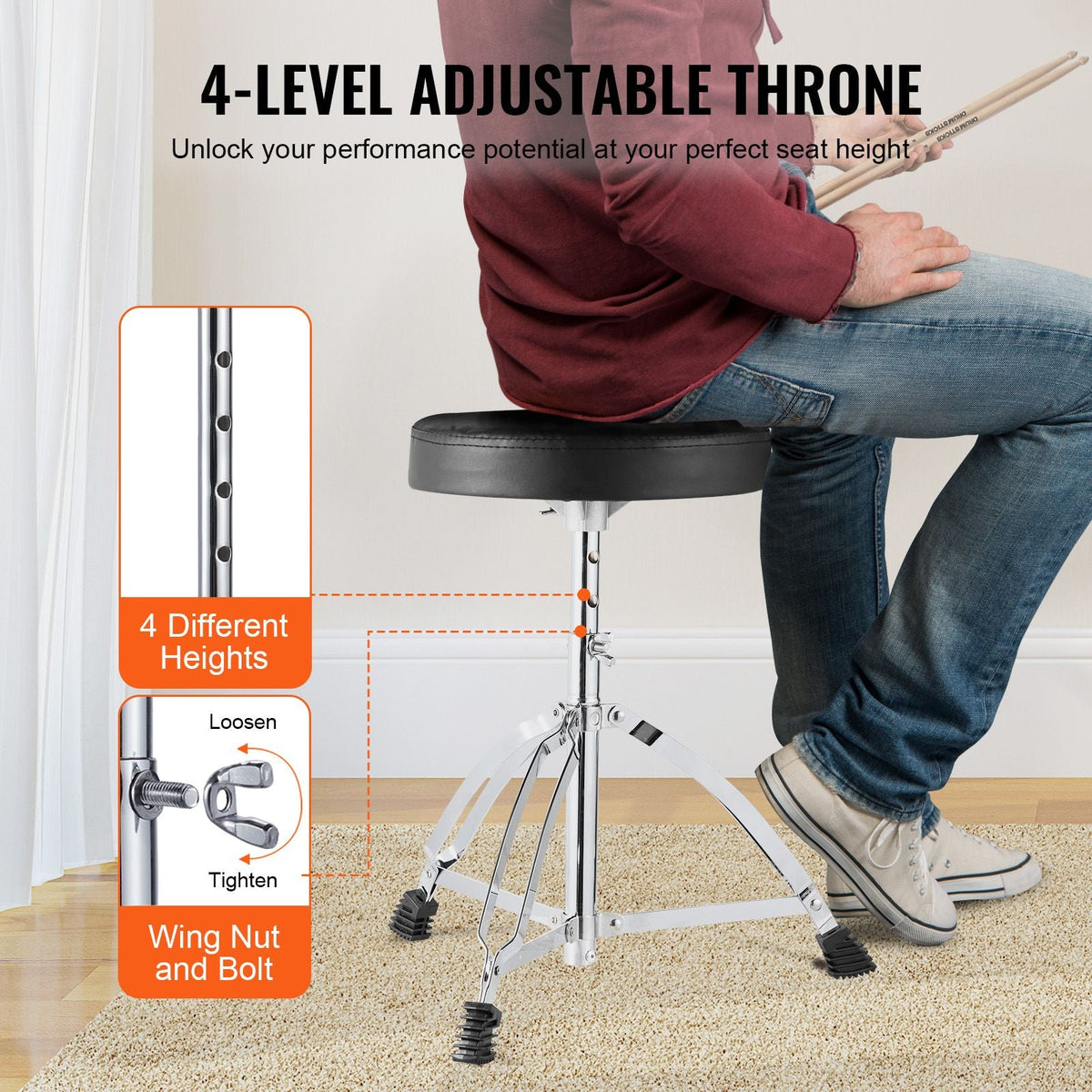 Adult Drum Set, 5-Piece, 22 inches Complete Full Size Drum Kit with Bass Toms Snare Floor Drum Adjustable Throne Stands Cymbal Hi-Hat Pedal and Drumsticks, Beginner Drum Kit for Adults, Black