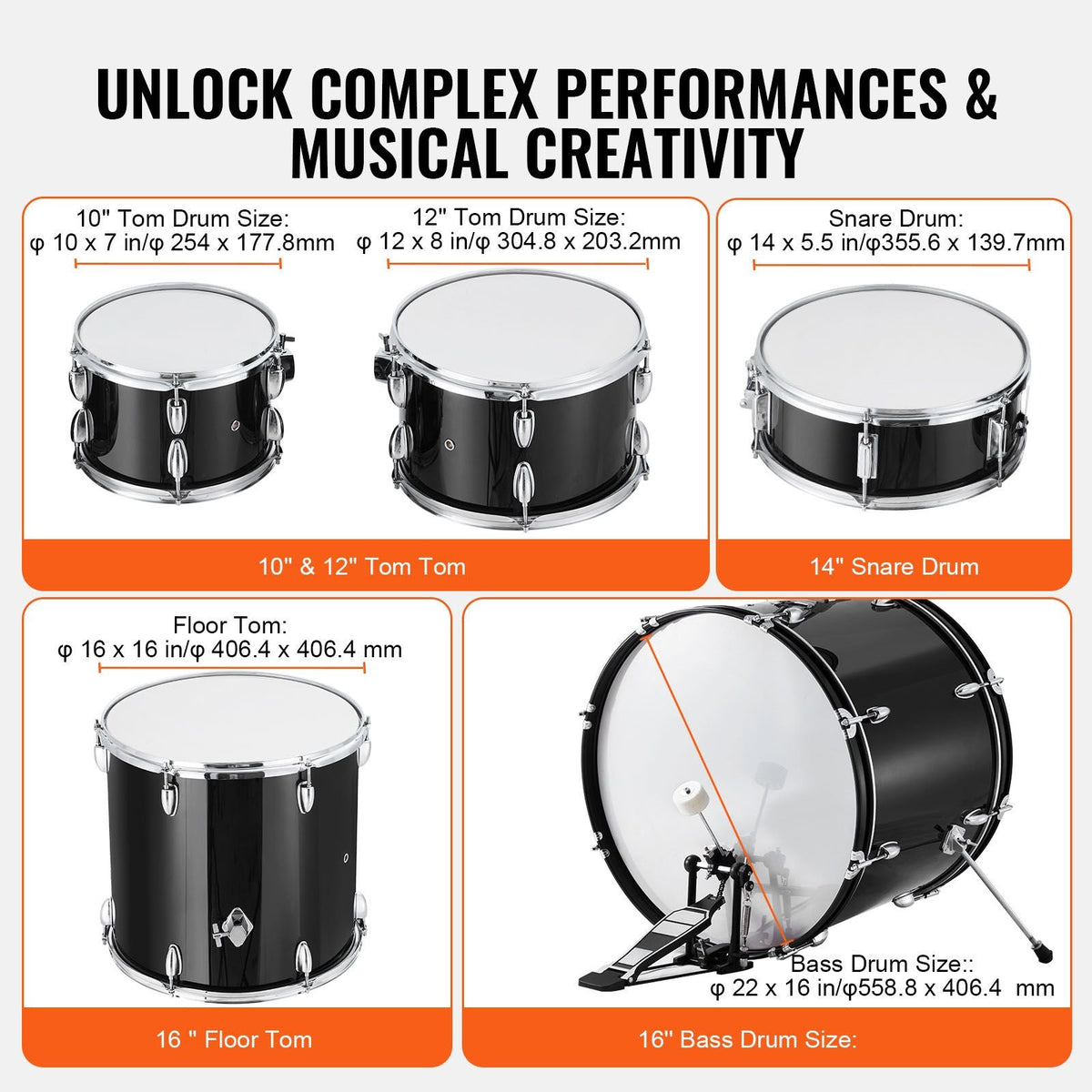 Adult Drum Set, 5-Piece, 22 inches Complete Full Size Drum Kit with Bass Toms Snare Floor Drum Adjustable Throne Stands Cymbal Hi-Hat Pedal and Drumsticks, Beginner Drum Kit for Adults, Black