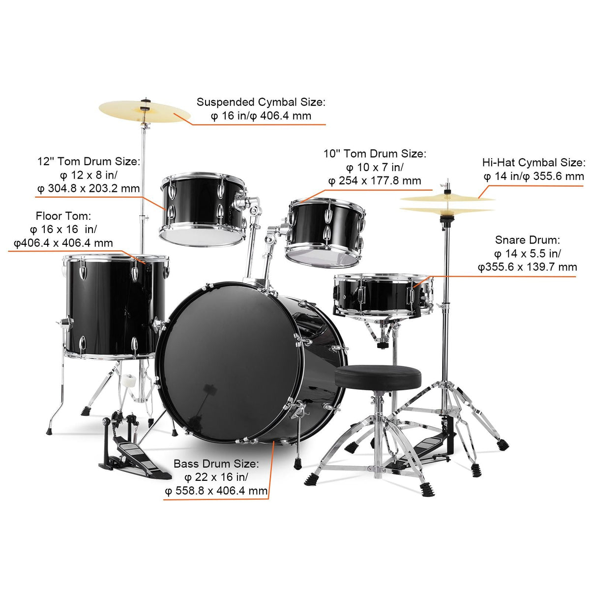 Adult Drum Set, 5-Piece, 22 inches Complete Full Size Drum Kit with Bass Toms Snare Floor Drum Adjustable Throne Stands Cymbal Hi-Hat Pedal and Drumsticks, Beginner Drum Kit for Adults, Black