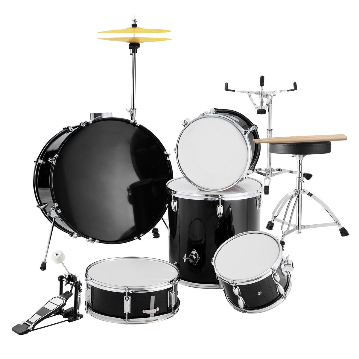 Adult Drum Set, 5-Piece, 22 inches Complete Full Size Drum Kit with Bass Toms Snare Floor Drum Adjustable Throne Stands Cymbal Hi-Hat Pedal and Drumsticks, Beginner Drum Kit for Adults, Black