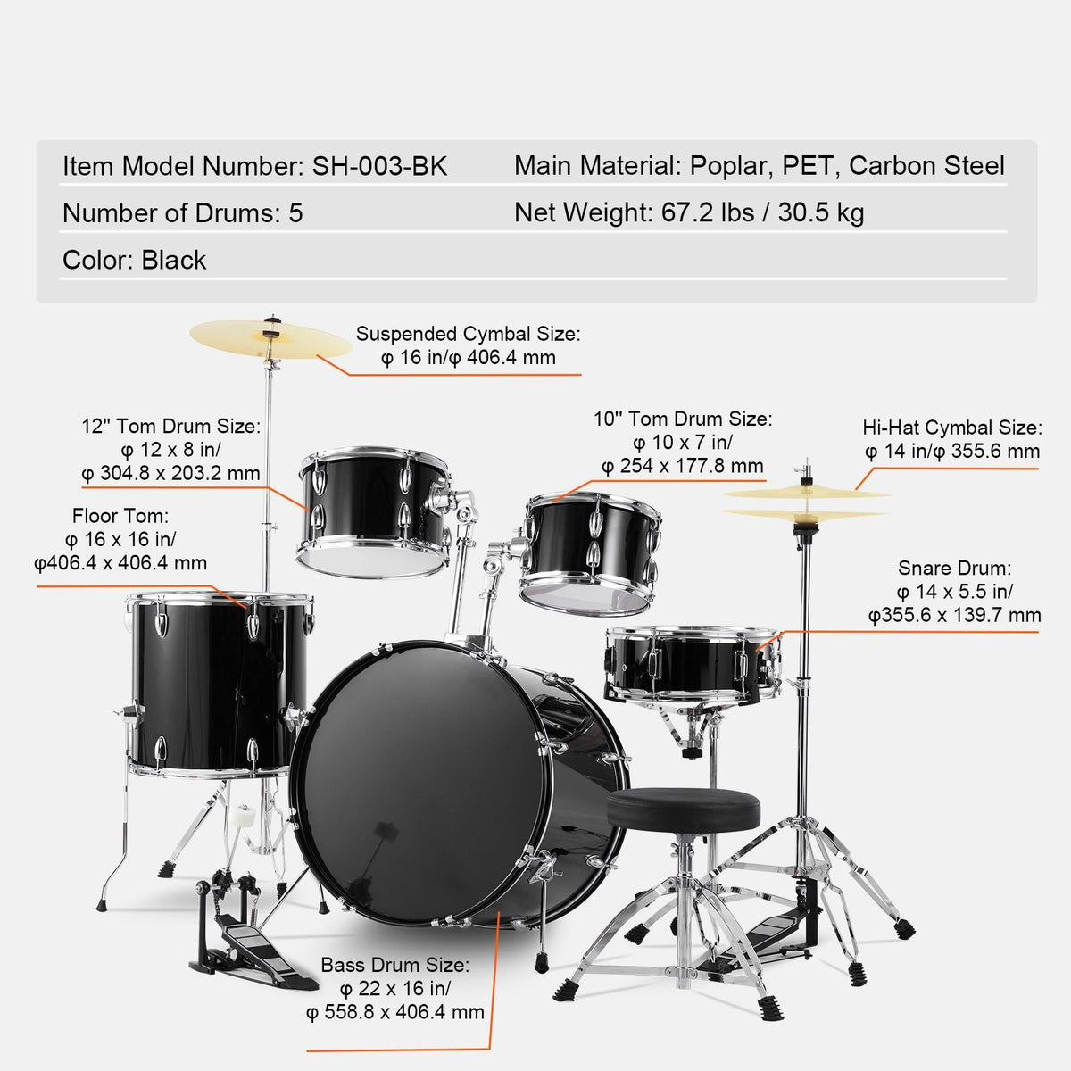 Adult Drum Set, 5-Piece, 22 inches Complete Full Size Drum Kit with Bass Toms Snare Floor Drum Adjustable Throne Stands Cymbal Hi-Hat Pedal and Drumsticks, Beginner Drum Kit for Adults, Black