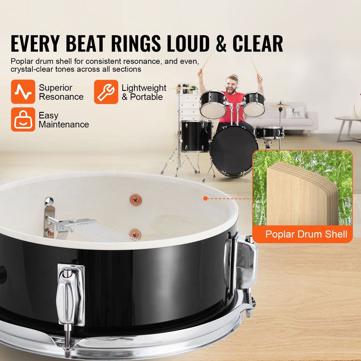 Adult Drum Set, 5-Piece, 22 inches Complete Full Size Drum Kit with Bass Toms Snare Floor Drum Adjustable Throne Stands Cymbal Hi-Hat Pedal and Drumsticks, Beginner Drum Kit for Adults, Black