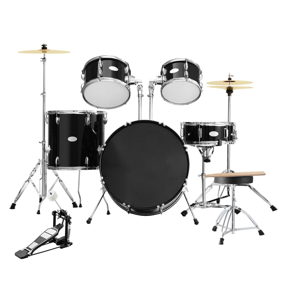 Adult Drum Set, 5-Piece, 22 inches Complete Full Size Drum Kit with Bass Toms Snare Floor Drum Adjustable Throne Stands Cymbal Hi-Hat Pedal and Drumsticks, Beginner Drum Kit for Adults, Black