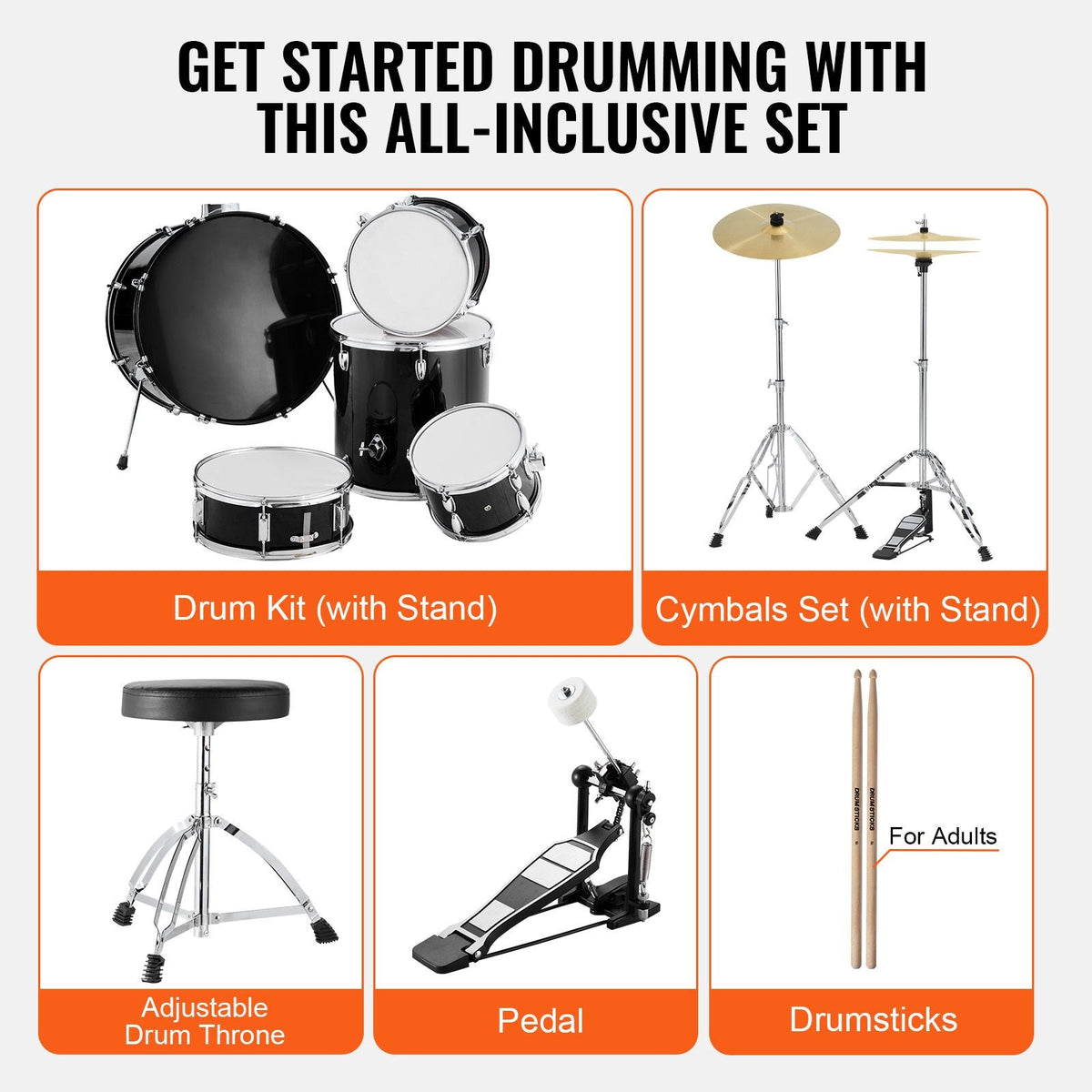 Adult Drum Set, 5-Piece, 22 inches Complete Full Size Drum Kit with Bass Toms Snare Floor Drum Adjustable Throne Stands Cymbal Hi-Hat Pedal and Drumsticks, Beginner Drum Kit for Adults, Black