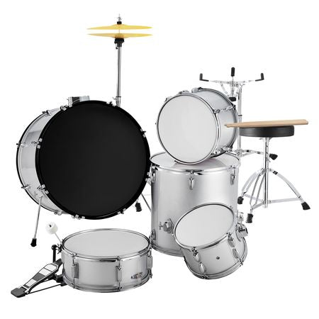 Adult Drum Set, 5-Piece, 22 inches Complete Full Size Drum Kit with Bass Toms Snare Floor Drum Adjustable Throne Stands Cymbal Hi-Hat Pedal and Drumsticks, Beginner Drum Kit for Adults, Silver