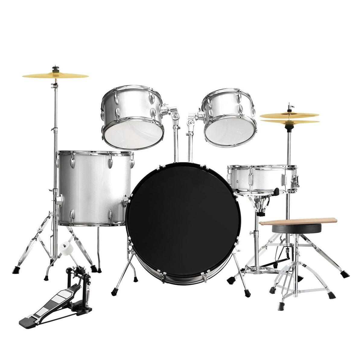 Adult Drum Set, 5-Piece, 22 inches Complete Full Size Drum Kit with Bass Toms Snare Floor Drum Adjustable Throne Stands Cymbal Hi-Hat Pedal and Drumsticks, Beginner Drum Kit for Adults, Silver