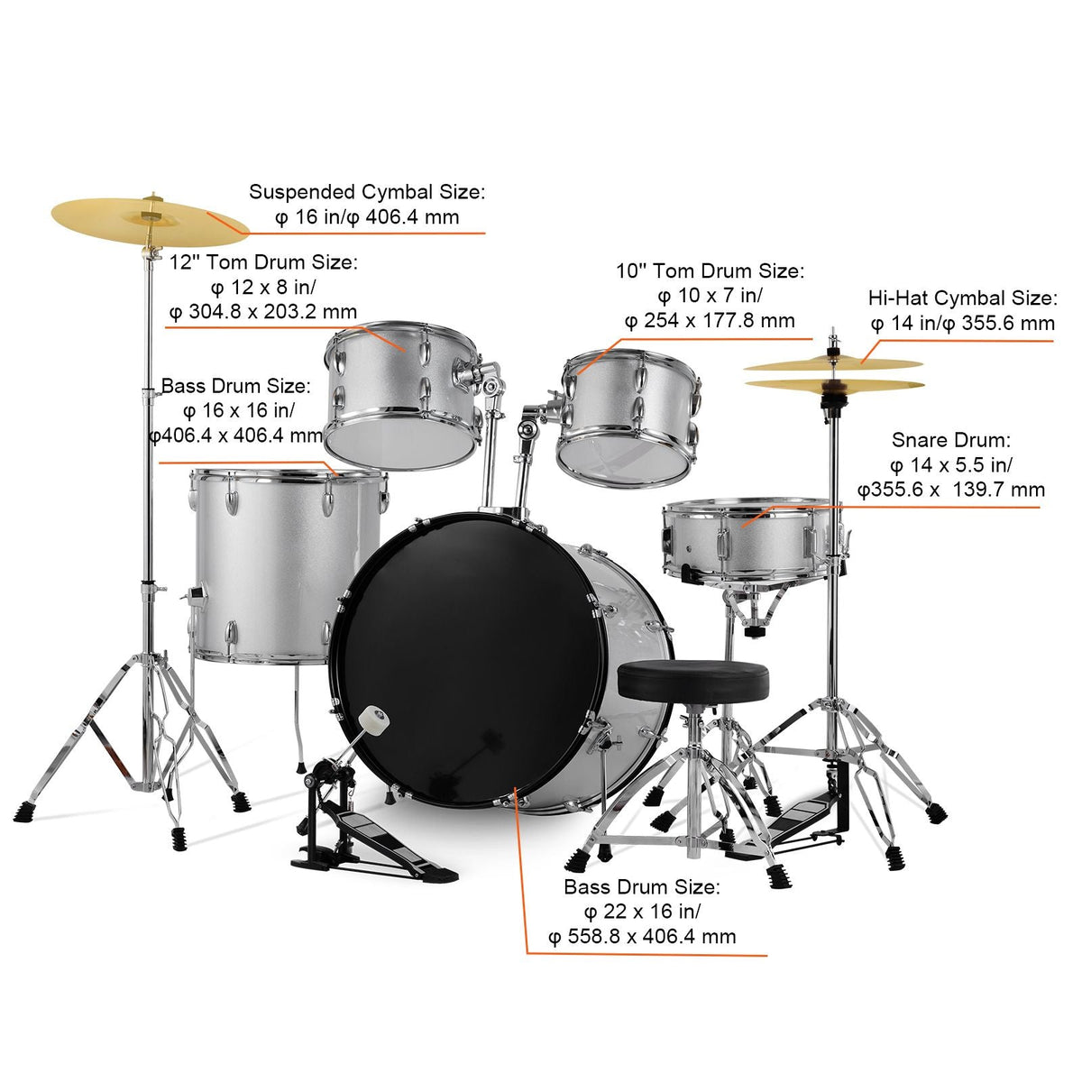 Adult Drum Set, 5-Piece, 22 inches Complete Full Size Drum Kit with Bass Toms Snare Floor Drum Adjustable Throne Stands Cymbal Hi-Hat Pedal and Drumsticks, Beginner Drum Kit for Adults, Silver