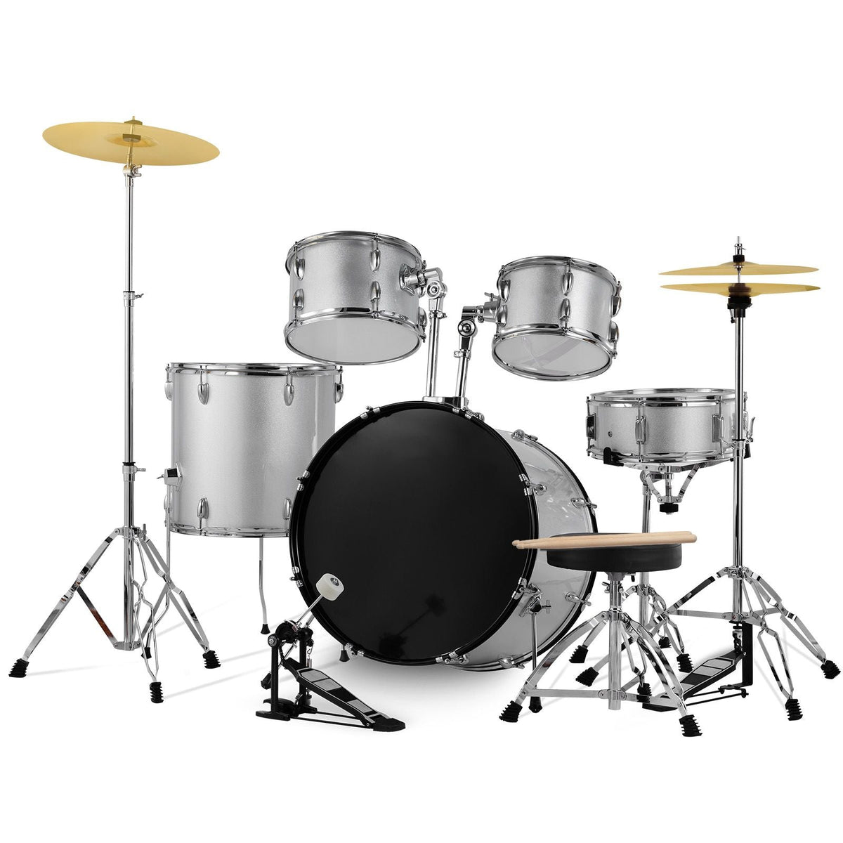 Adult Drum Set, 5-Piece, 22 inches Complete Full Size Drum Kit with Bass Toms Snare Floor Drum Adjustable Throne Stands Cymbal Hi-Hat Pedal and Drumsticks, Beginner Drum Kit for Adults, Silver