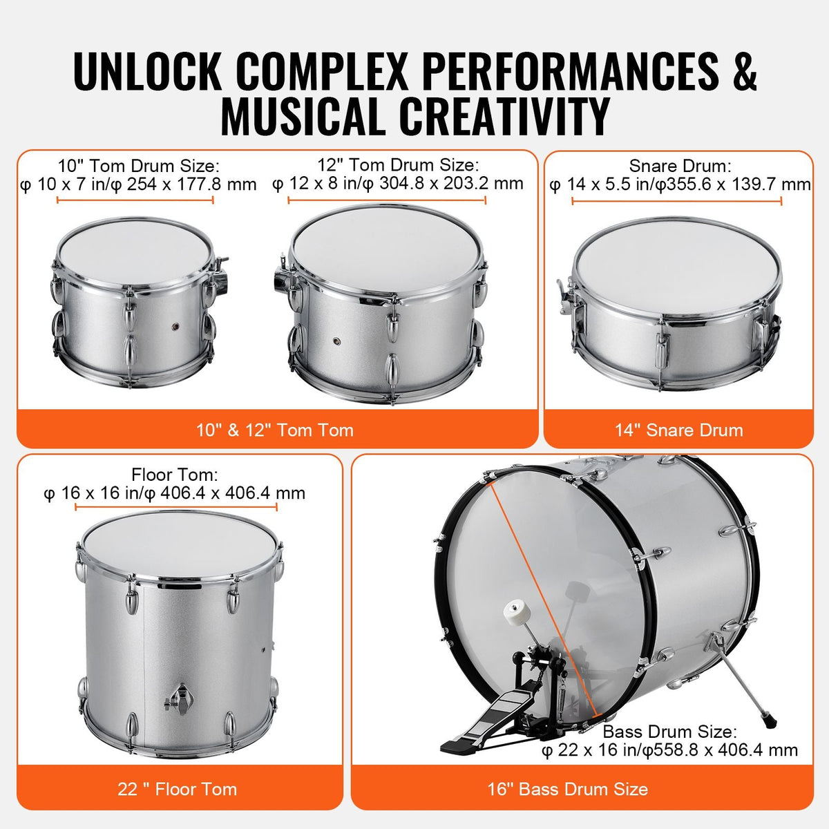Adult Drum Set, 5-Piece, 22 inches Complete Full Size Drum Kit with Bass Toms Snare Floor Drum Adjustable Throne Stands Cymbal Hi-Hat Pedal and Drumsticks, Beginner Drum Kit for Adults, Silver