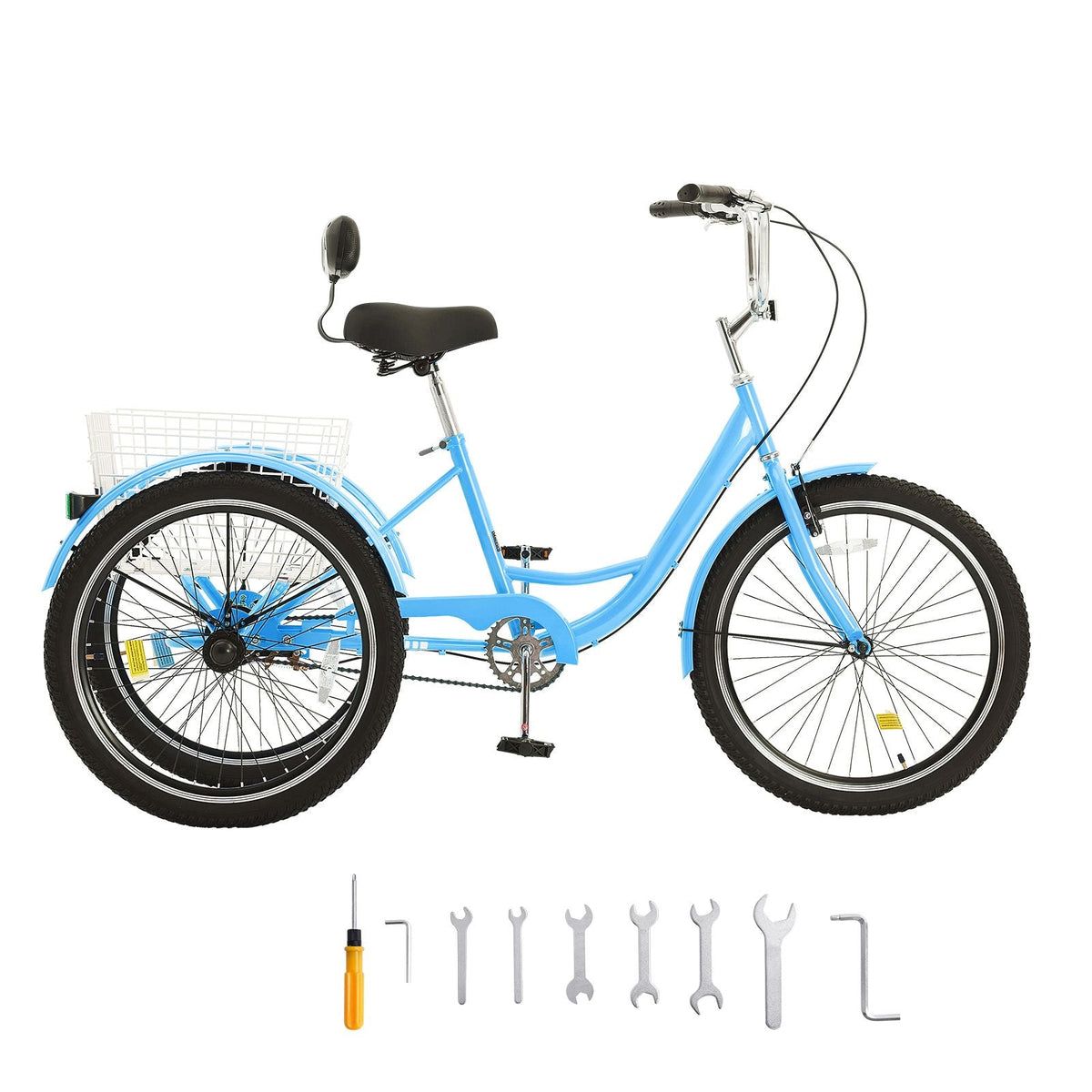 Adult Tricycles Bike, 24 Inch Three-Wheeled Bicycles, 3 Wheel Bikes Trikes, Carbon Steel Cruiser Bike with Basket & Adjustable Seat, Picnic Shopping Tricycles for Seniors, Women, Men (Blue)