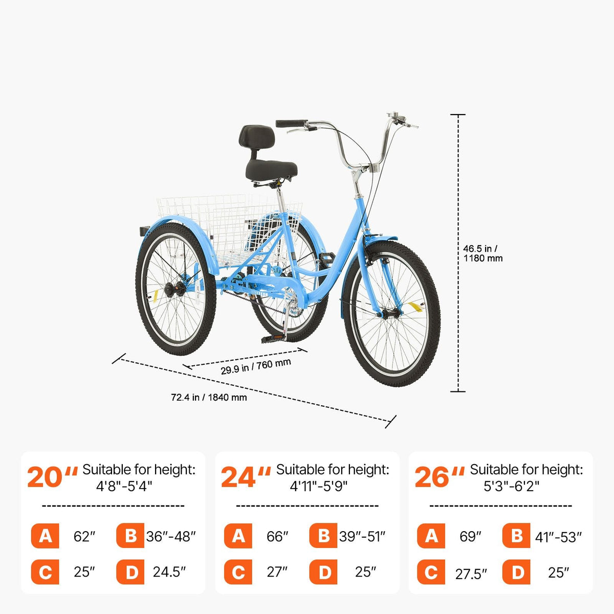 Adult Tricycles Bike, 24 Inch Three-Wheeled Bicycles, 3 Wheel Bikes Trikes, Carbon Steel Cruiser Bike with Basket & Adjustable Seat, Picnic Shopping Tricycles for Seniors, Women, Men (Blue)