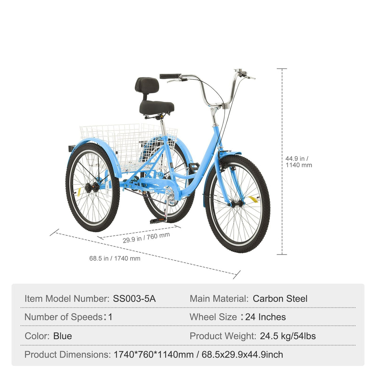Adult Tricycles Bike, 24 Inch Three-Wheeled Bicycles, 3 Wheel Bikes Trikes, Carbon Steel Cruiser Bike with Basket & Adjustable Seat, Picnic Shopping Tricycles for Seniors, Women, Men (Blue)