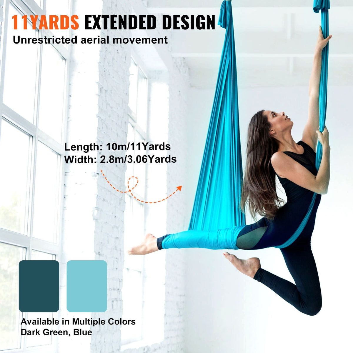 Aerial Silk & Yoga Swing, 11 Yards, Aerial Yoga Hammock Kit with 100gsm Nylon Fabric, Full Rigging Hardware & Easy Set-up Guide, Antigravity Flying for All Levels Fitness Bodybuilding, Blue