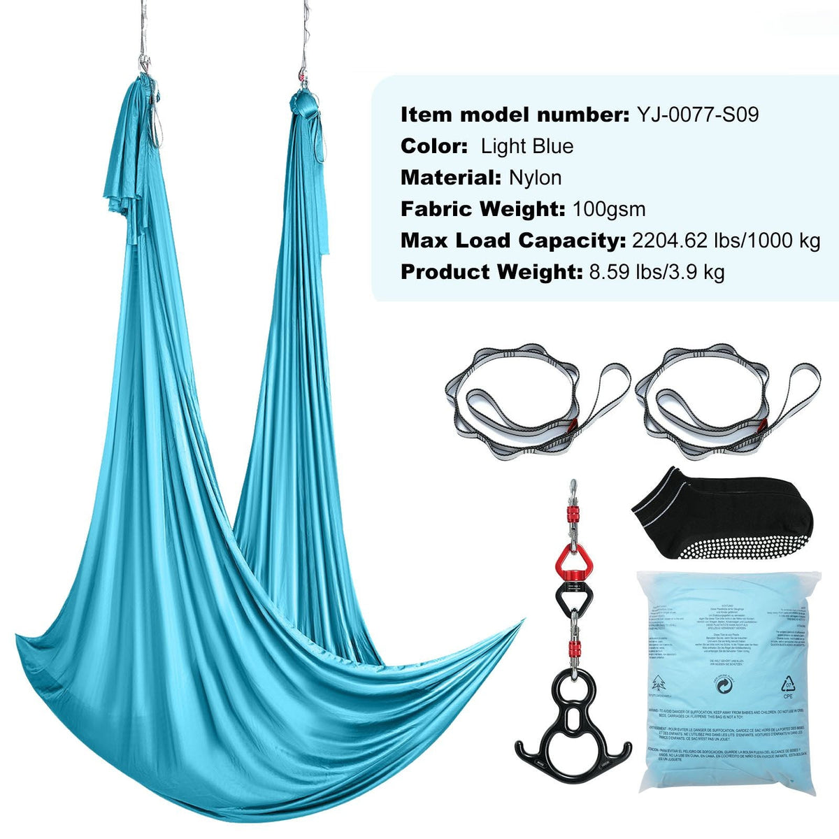 Aerial Silk & Yoga Swing, 11 Yards, Aerial Yoga Hammock Kit with 100gsm Nylon Fabric, Full Rigging Hardware & Easy Set-up Guide, Antigravity Flying for All Levels Fitness Bodybuilding, Blue