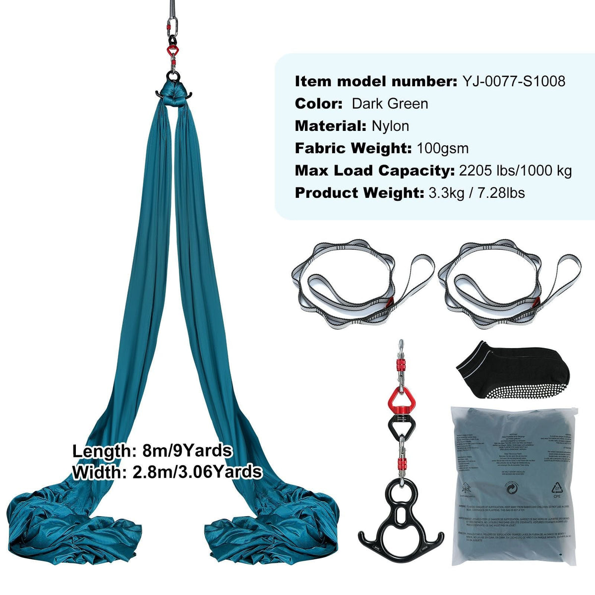 Aerial Silk & Yoga Swing, 8.7 Yards, Aerial Yoga Hammock Kit with 100gsm Nylon Fabric, Full Rigging Hardware & Easy Set-up Guide, Antigravity Flying for All Levels Fitness Bodybuilding, Green